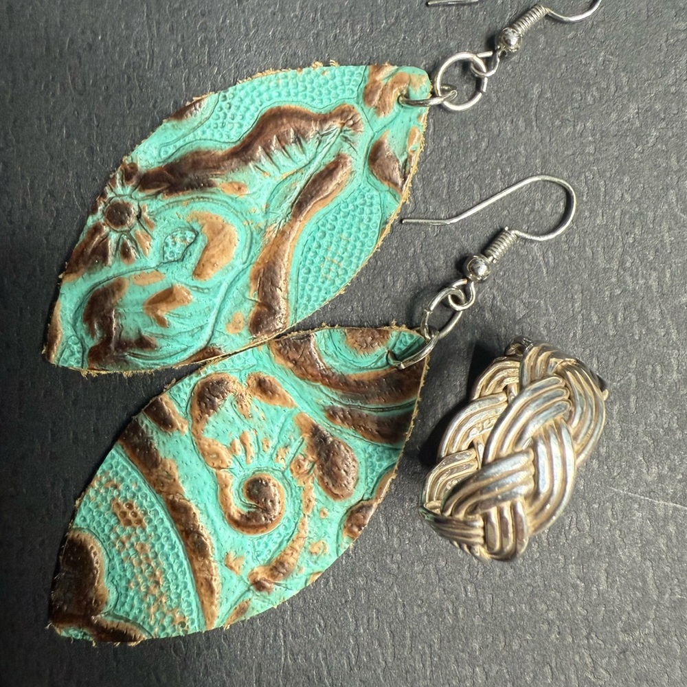 Handcrafted Turquoise & Brown Leather Earrings & a Braided Sterling Silver Band
